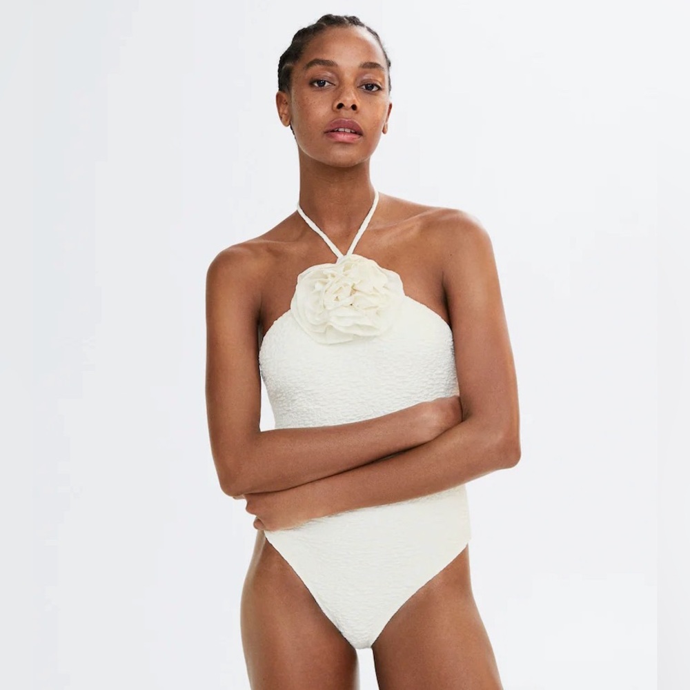 Mango White One-Piece Halter Swimsuit with Floral Applique